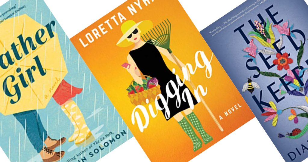 Three book covers - Weather Girl, people under umbrella, Digging In, yellow with women in black dress and green rain books, The Seed Keeper, purple with flower made of seeds