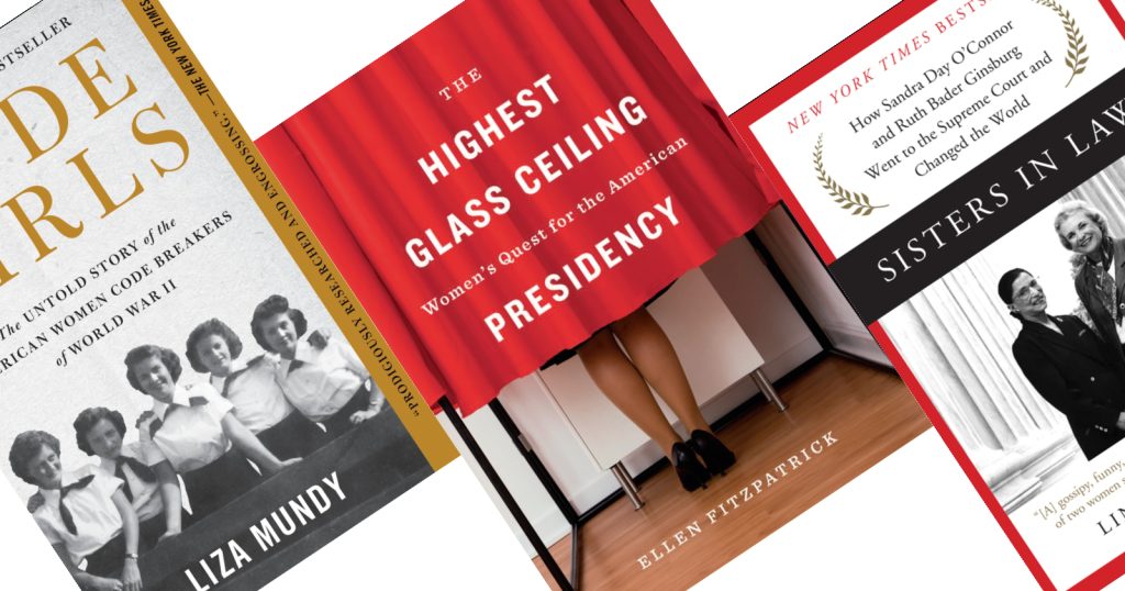 Three diagonal book covers of Code Girls, Highest Glass Ceiling, and Sisters-in-Law