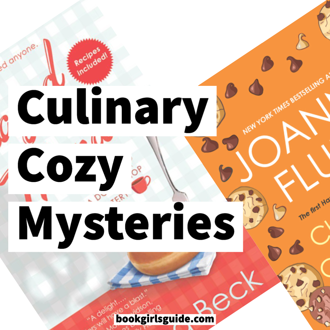 Texting reading Culinary Cozy Mysteries over two obsured book covers