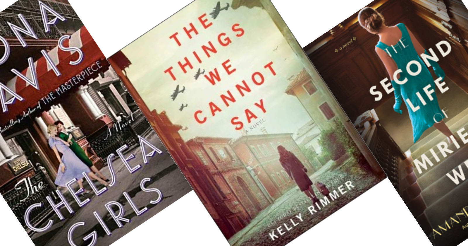 Three tilted book covers - center image has a light sky and buildings with the title The Things We Cannot Say