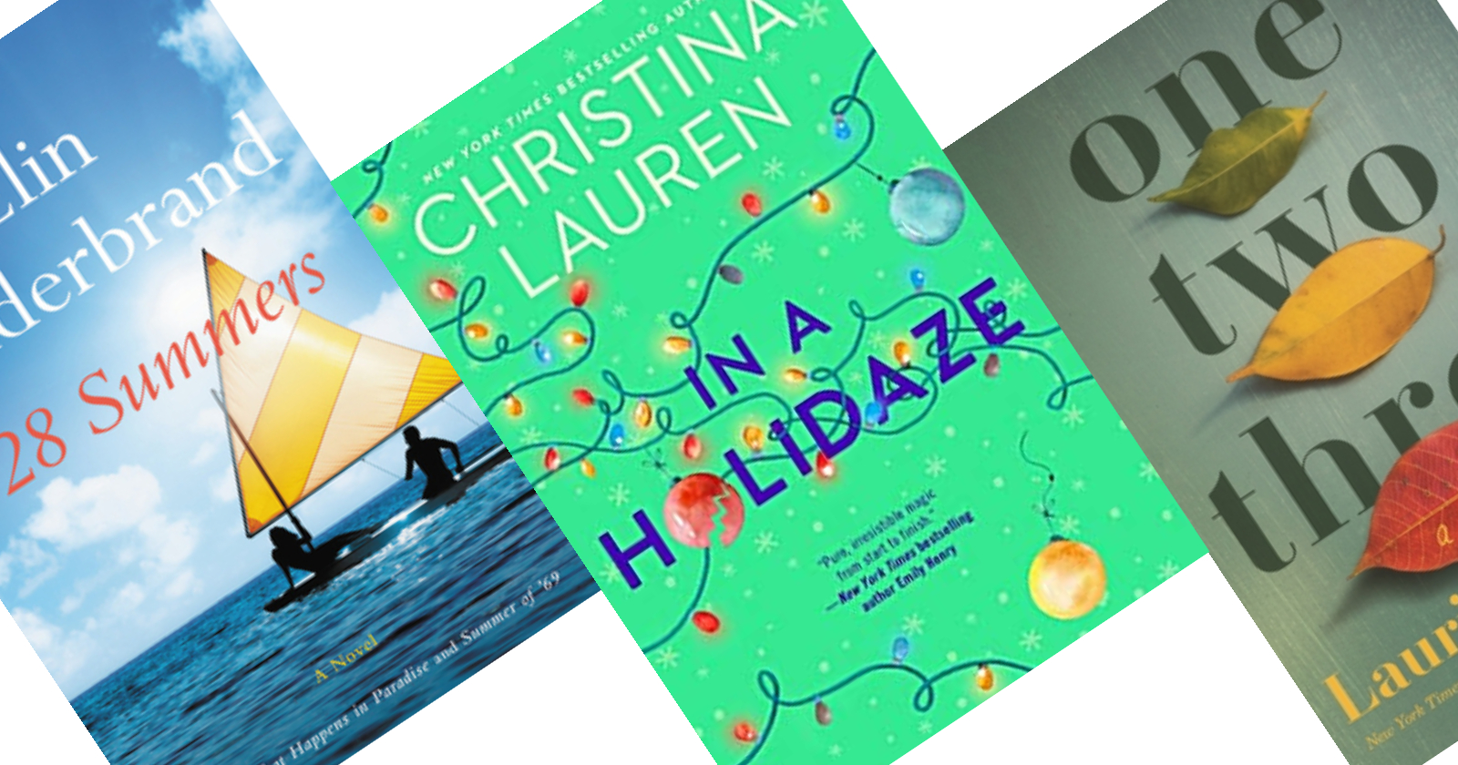 Three tilted book covers - center image has a bright green background with the title In a Holidaze.