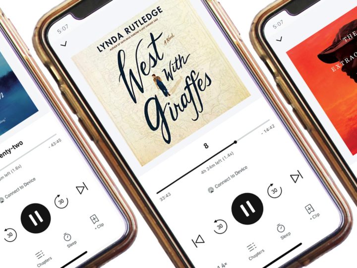 3 slanted phone screens showing audiobooks on the screens