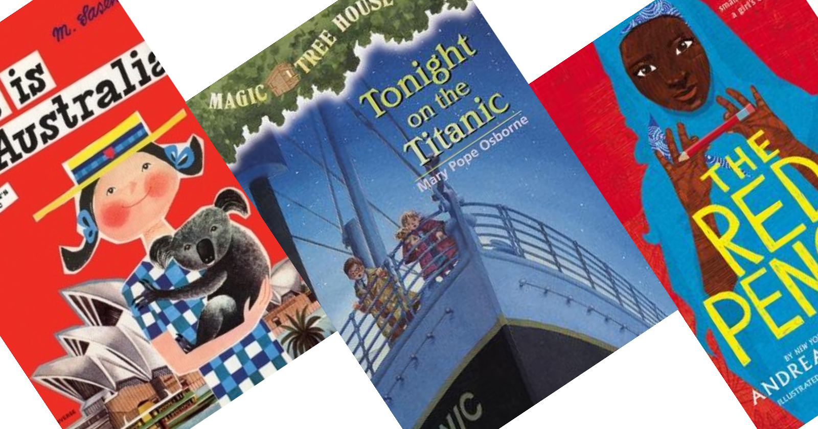 Three angled kids book covers with Magic Treehouse Tonight on the Titanic in the Middle