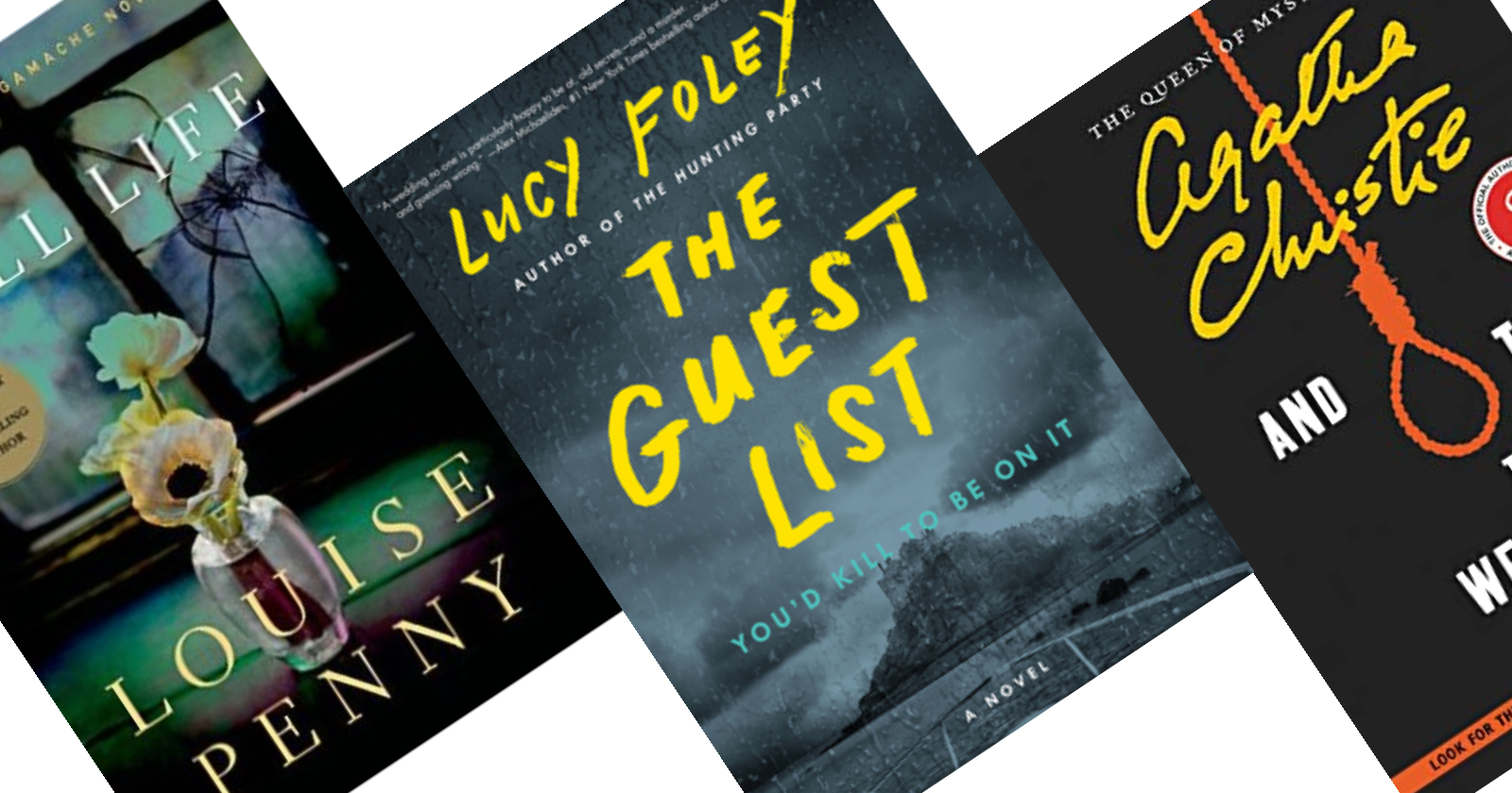 Three tilted book covers - center image has a dark background with yellow title of The Guest List.