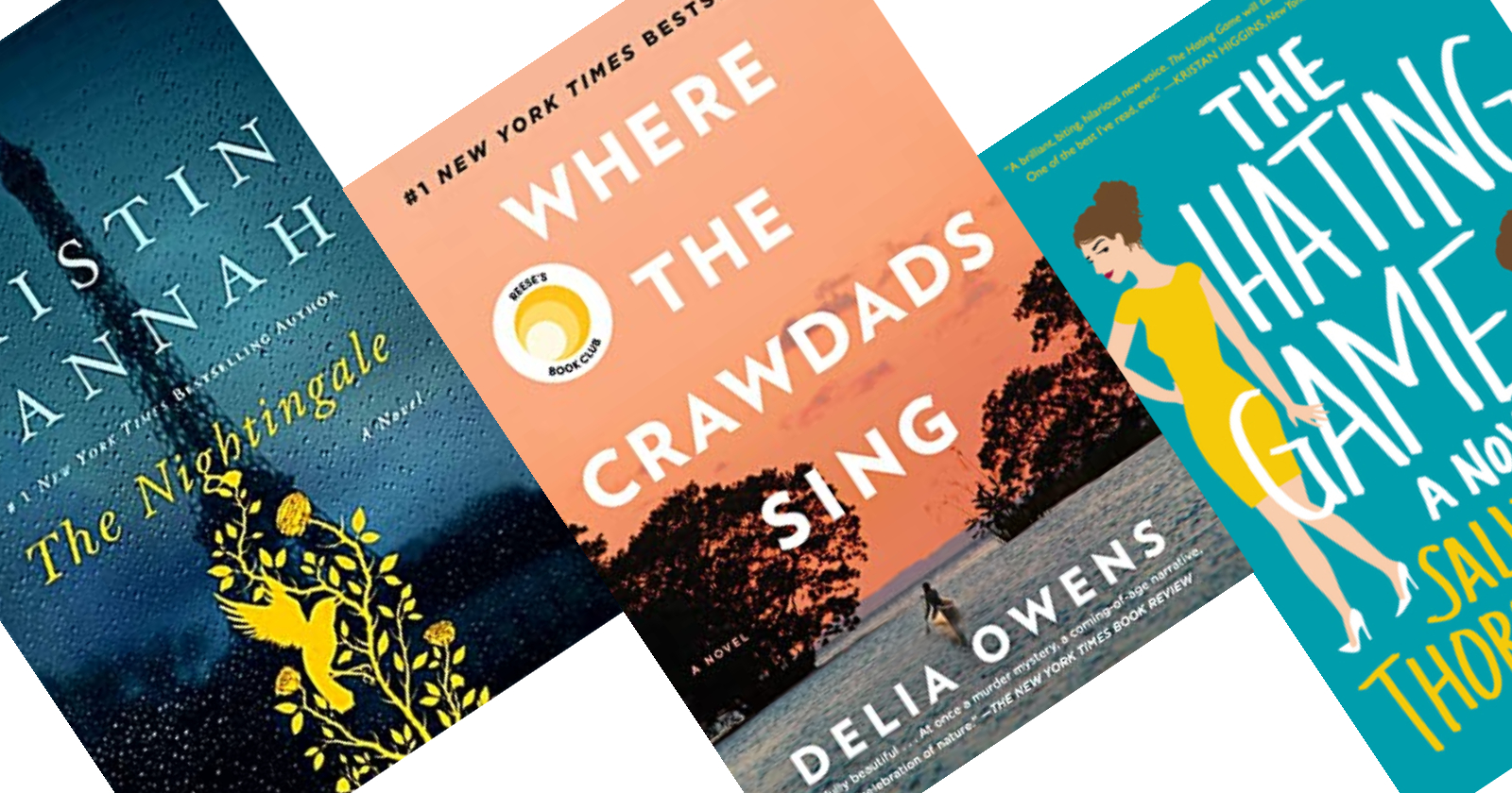 Three tilted book covers - center image coral background with Where the Crawdads Sign title.