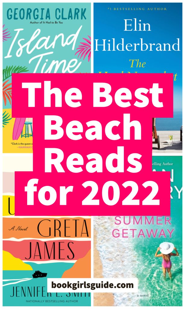 White text on pink background reading "The Best Beach Reads for 2022" - text over four beachy book covers