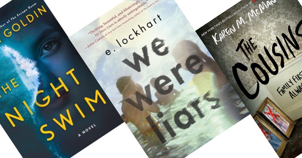 Three angled book covers in blue and brown colors with the center cover title We Were Liars