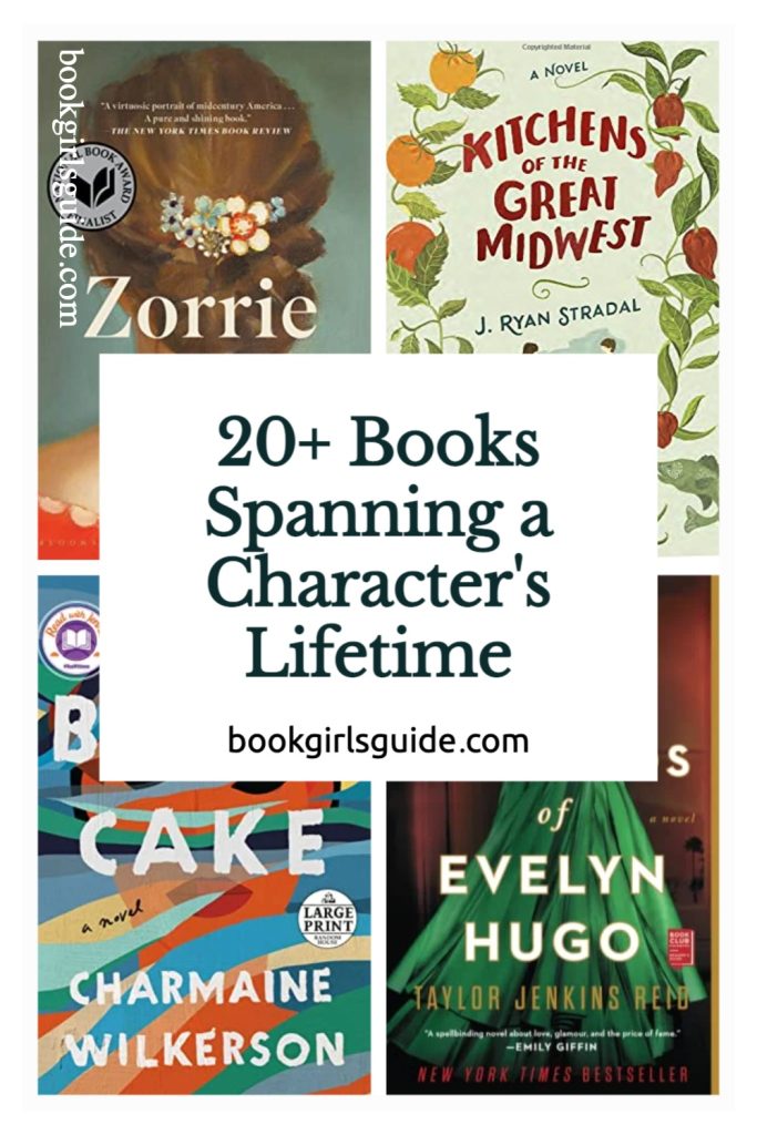 Four book covers with text reading 20+ Books Spanning a Character's Lifetime