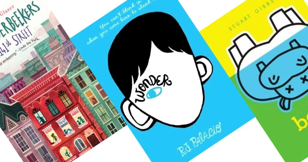 Three angled book covers. The center book has a blue background and a black and white abstract face with the title Wonder written above one eye.