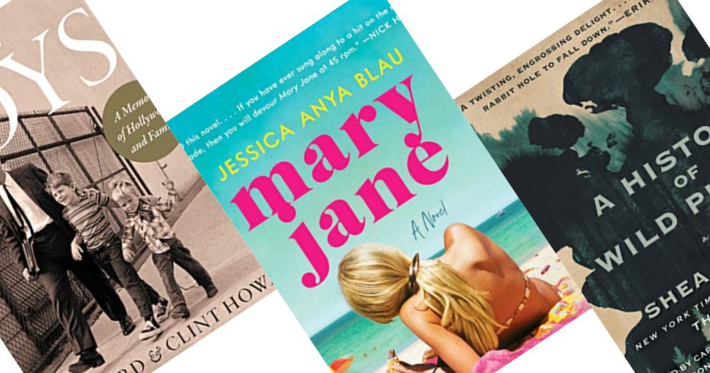 Three tilted book covers with Mary Jane in the center - book has pink words with teal water and sky background and girl lounging on beach. Best audiobook for road trips.