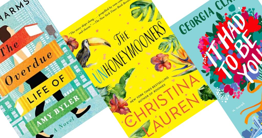 Three tilted book covers with a yellow book in the center with tropical flowers and a toucan and the title Unhoneymooners