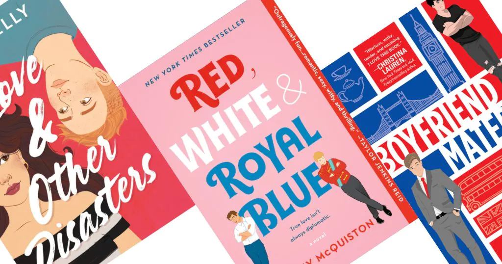 3 tilted book covers with Red, White, & Royal Blue on pink background 