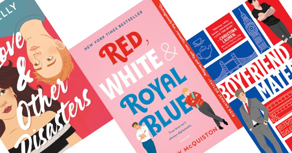 3 tilted book covers with Red, White, & Royal Blue on pink background 