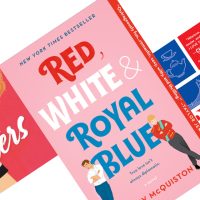3 tilted book covers with Red, White, & Royal Blue on pink background