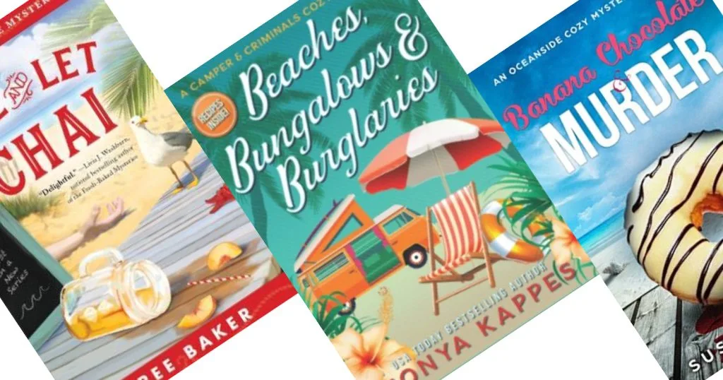 The tilted book covers with beach scenes; the center book reads Beaches Bungalows & Burglaries