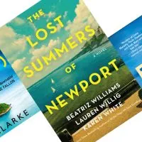 Three slanted blue and green mystery book covers