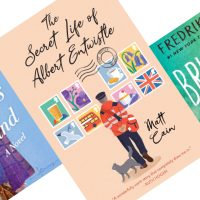 Three tilted book covers, center book peach with illustrated British mailman facing away and text reading The Secret Life of Albert Entwistle