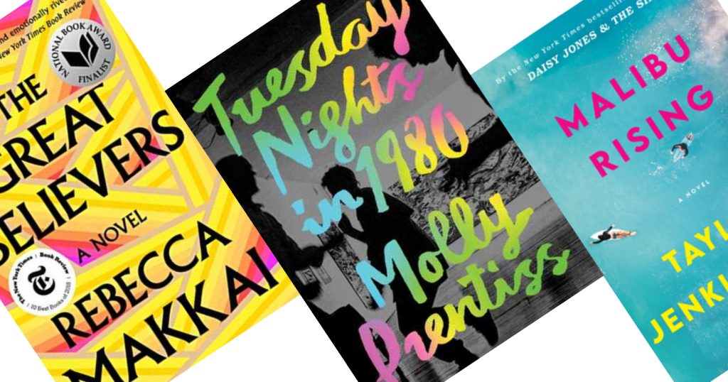 Three tilted book covers with Tuesday Nights in 1980 in the center.