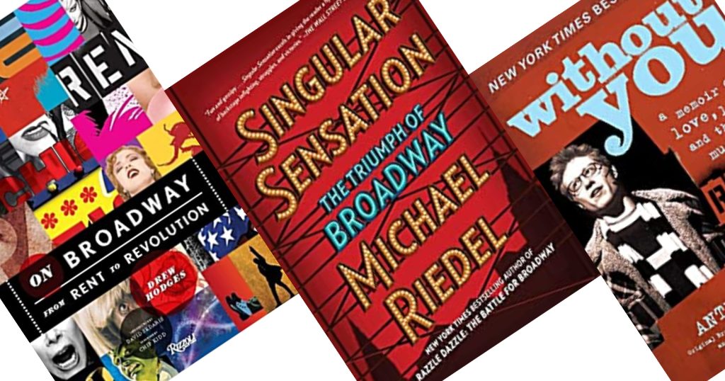 Three tilted book covers, the center book is titled Singular Sensation and appears to be written in marquee lights.