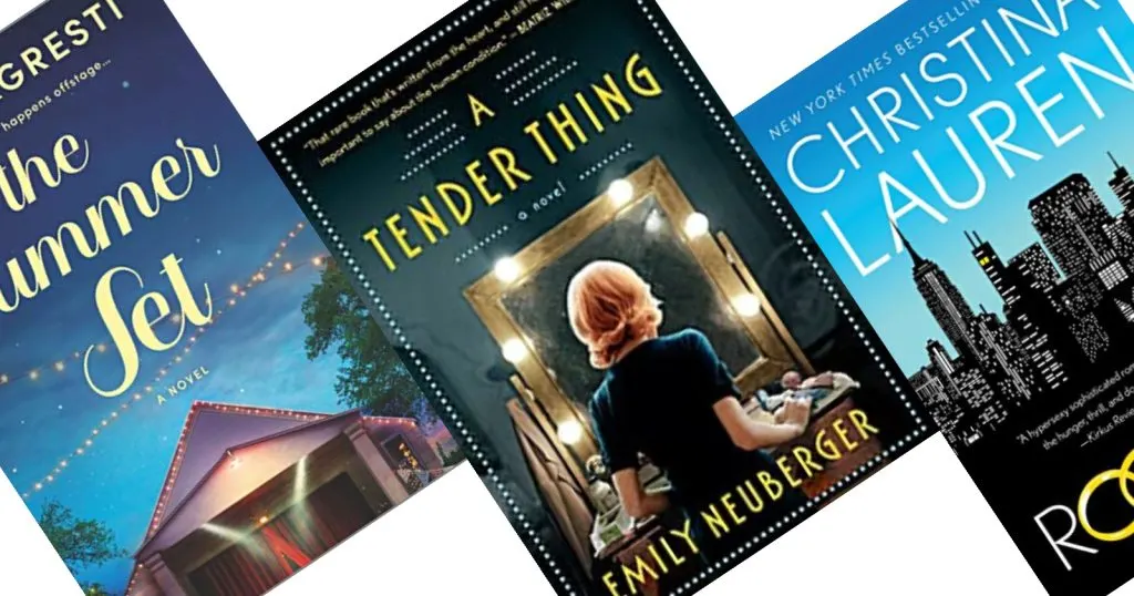 The tilted book covers in shades of blue and green. The center book has a woman looking in a dressing room mirror with a yellow title that reads A Tender Thing.