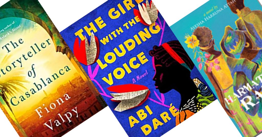 Three tilted book covers in shades of purple, gold, and teal, with The Girl With the Louding Voice in the center.