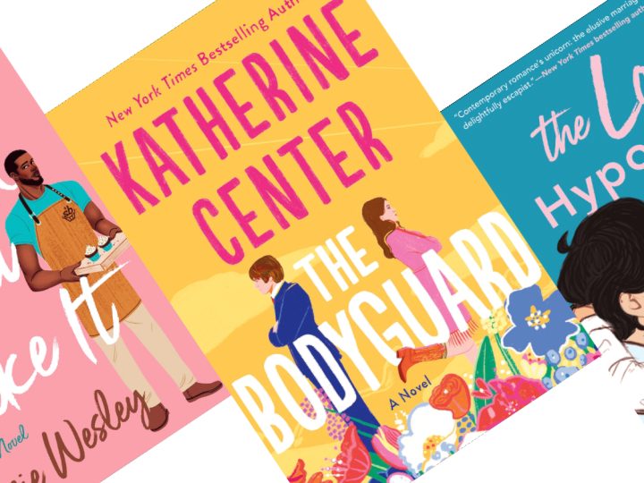 Three tilted book covers with yellow cover of The Bodyguard in the center