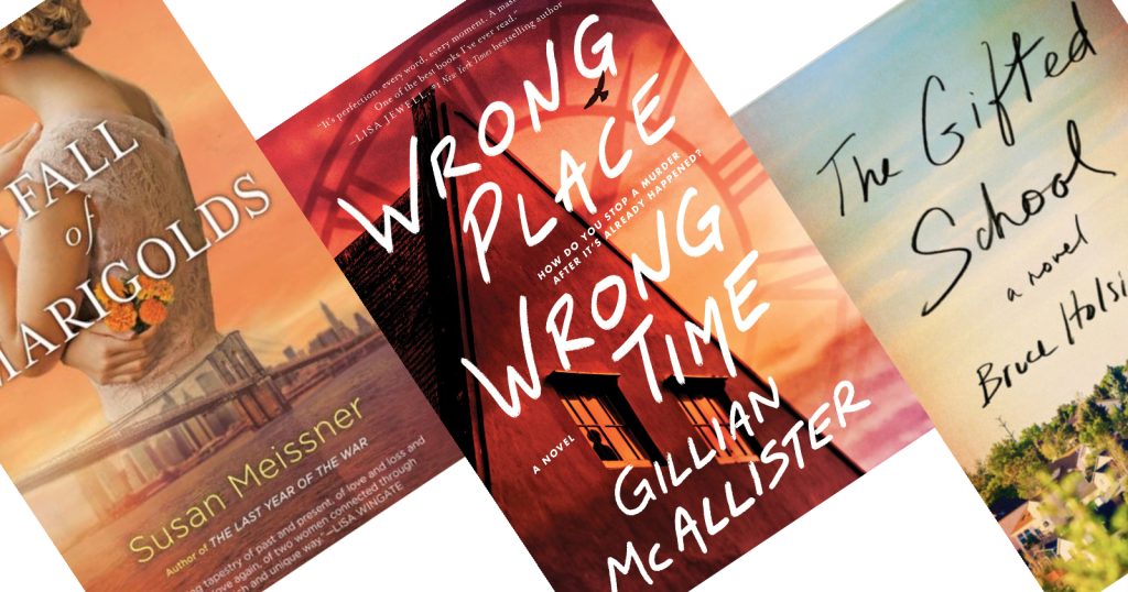 Three angled book covers in shades of orange. The center book is titled Wrong Place Wrong Time.
