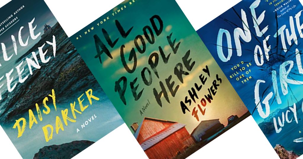 Three angled psychological thriller book covers in shades of blue with All Good People Here by Ashley Flowers in the center