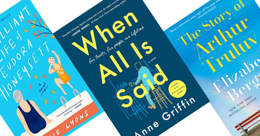 Three angled blue book covers with the center book titled When All is Said by Anne Griffin
