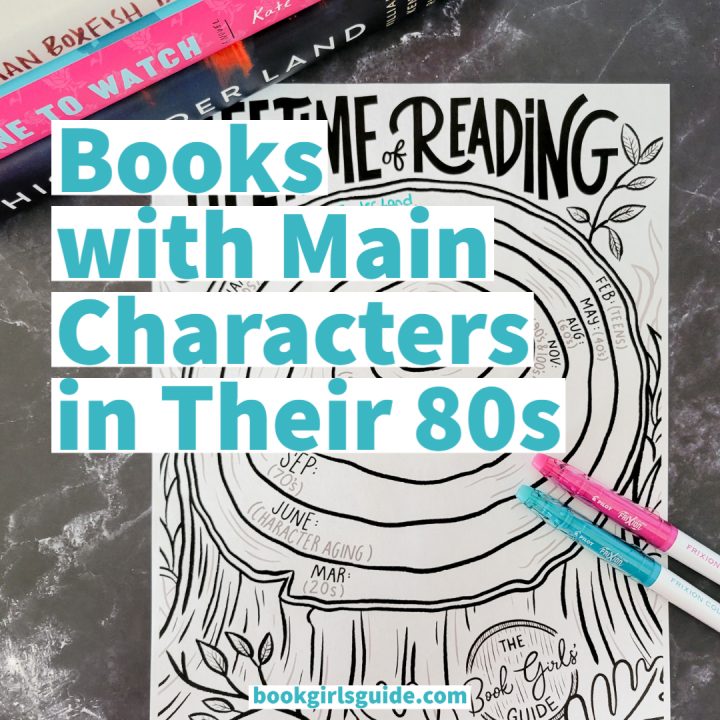 Photos of a reading log with markers and text overlay that says Books with Main Characters in Their 80s