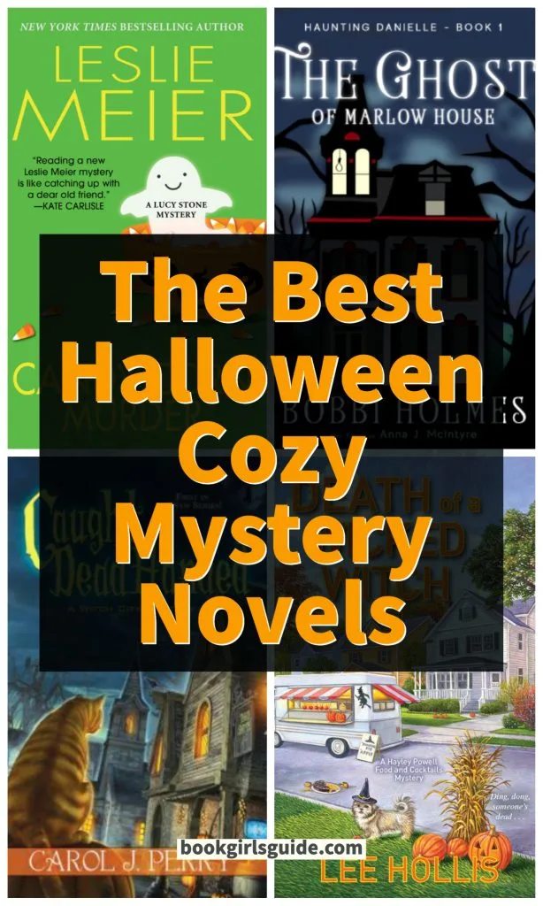Orange text over black box reading "The Best Halloween Cozy Mystery Novels" - words over 4 partially covered books