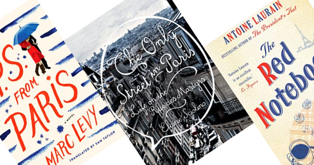 Three tilted books covers featuring Paris 