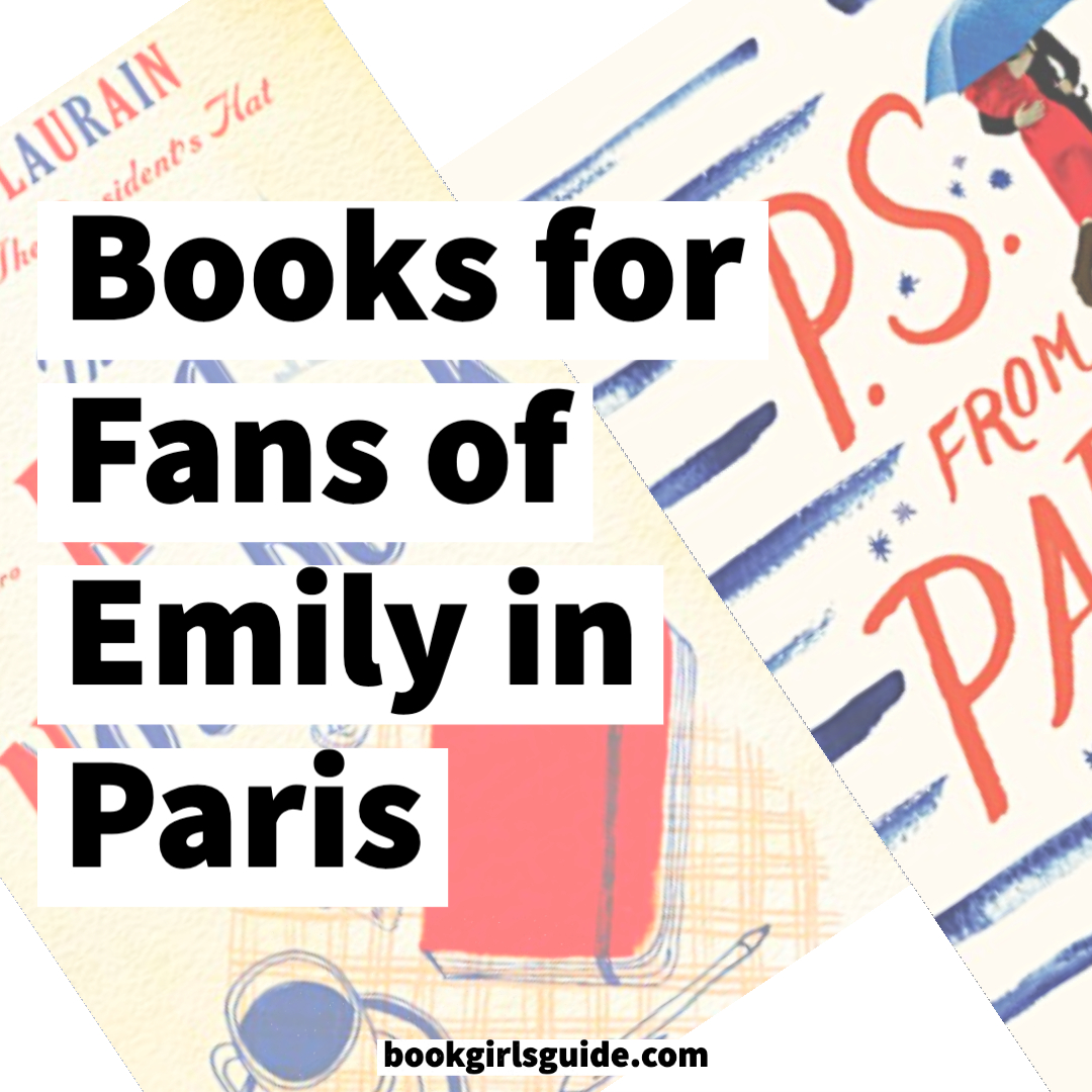 black text reading "Books for Fans of Emily in Paris" over two cream, red, and blue book covers