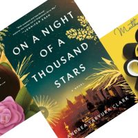 Three angled book covers with On a Night of a Thousand Stars in the center