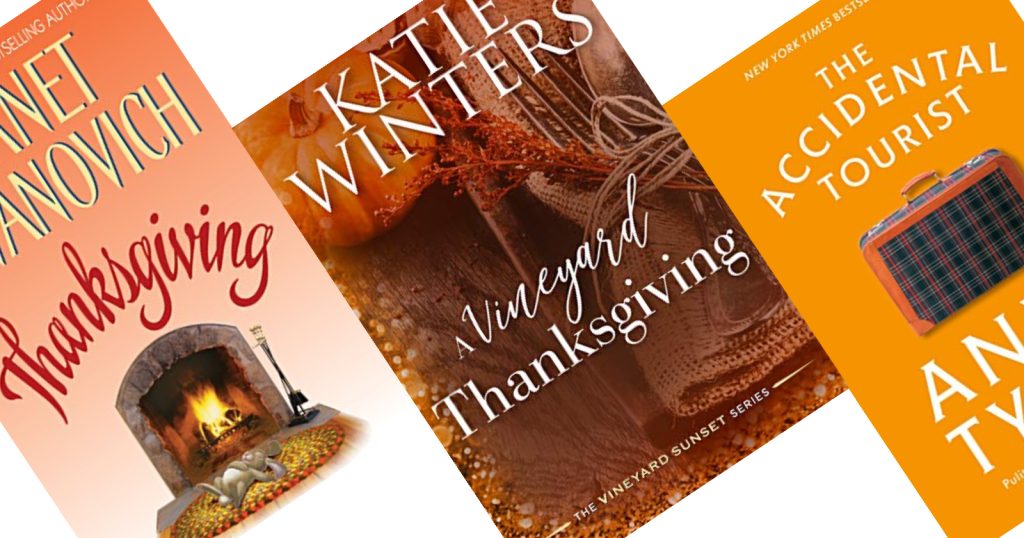 Three angled book covers in shades of orange. The center book reads A Vineyard Thanksgiving.