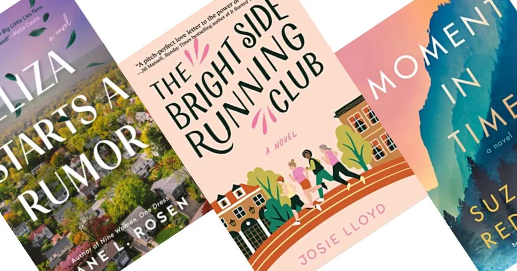 Three angled covers of books about friendship in shades of pink, purple and blue. The center book is titled The Bright Side Running Club.