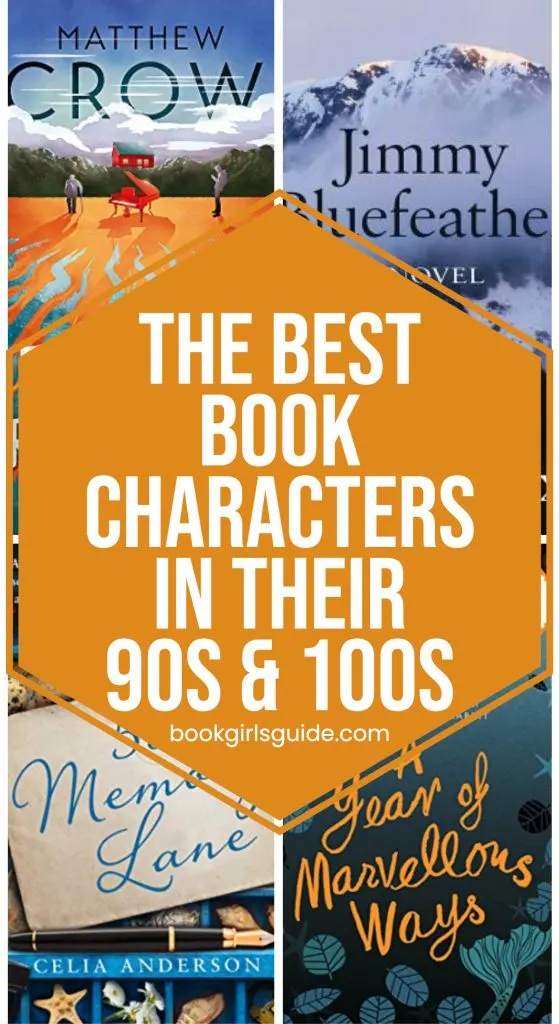 Orange hexagon with white text reading The Best Book Characters in their 90s & 100s