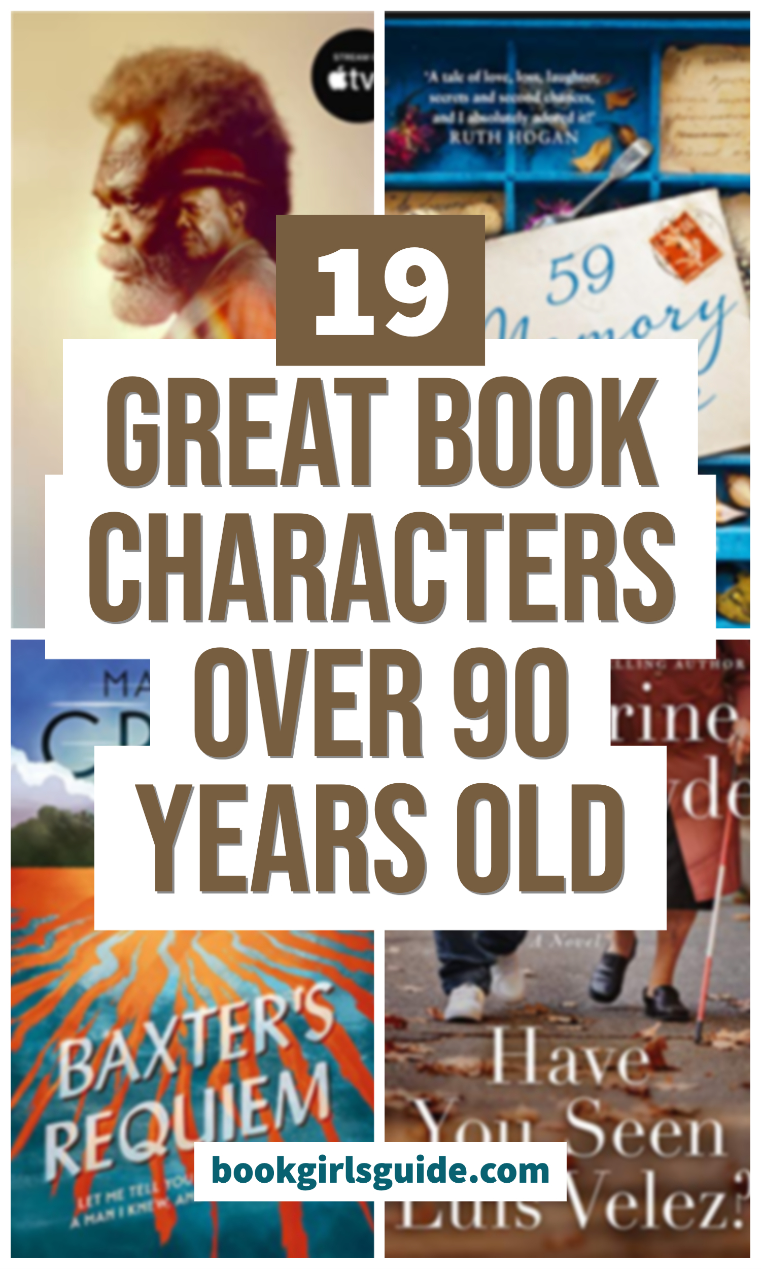 White blocks with brown text reading 19 Great Book Characters over 90 Years Old