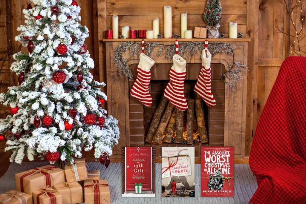 Rustic Wood wall & fireplace with christmas stockings and tree 