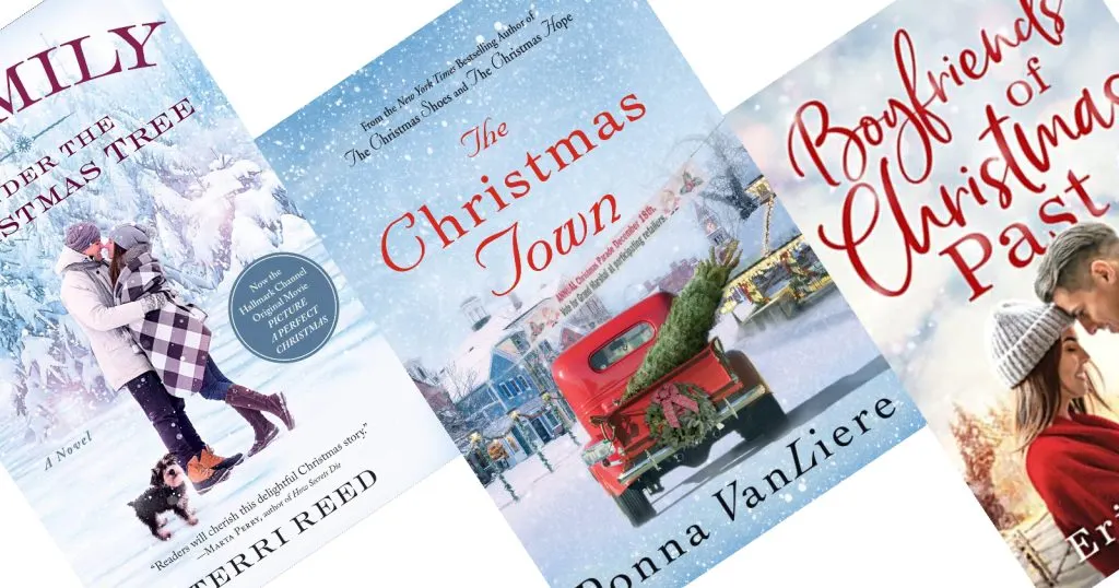 three angled Christmas book covers the center cover has a vintage red pickup truck with a Christmas tree in the back