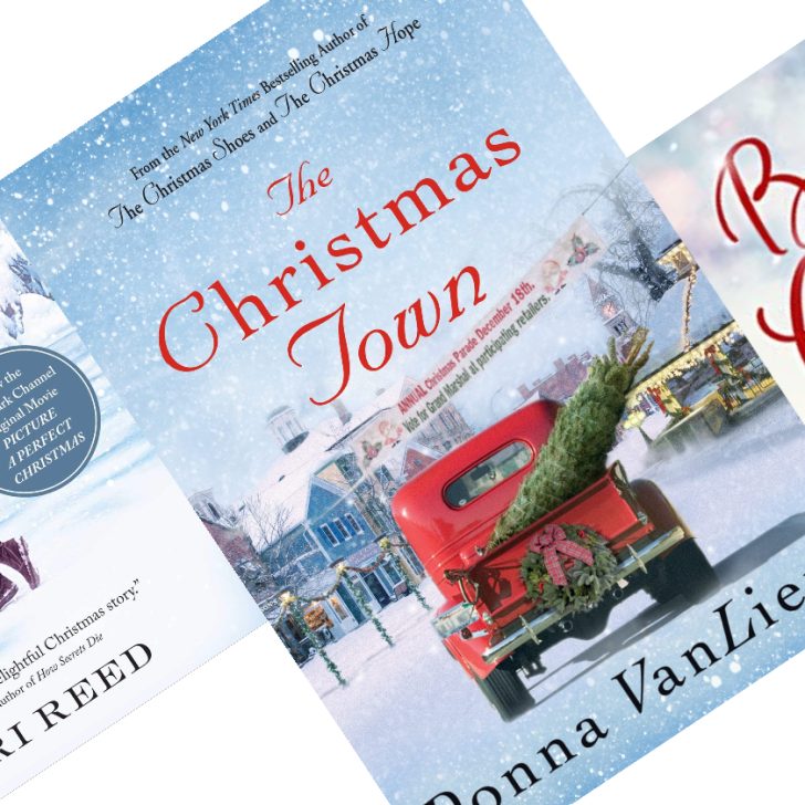 three angled Christmas book covers the center cover has a vintage red pickup truck with a Christmas tree in the back
