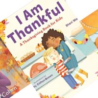 Three angled covers of Thanksgiving books for kids the center book reads I am Thankful
