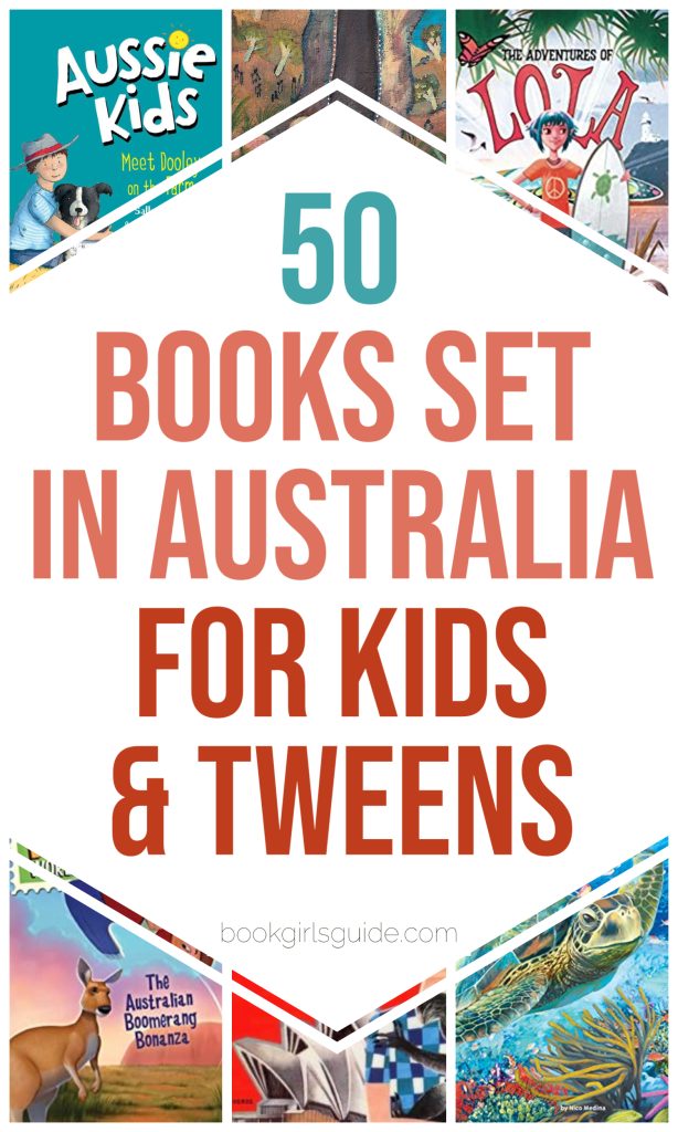 6 childrens' book covers with text overlay that read 50 books set in Australia for kids and tweens