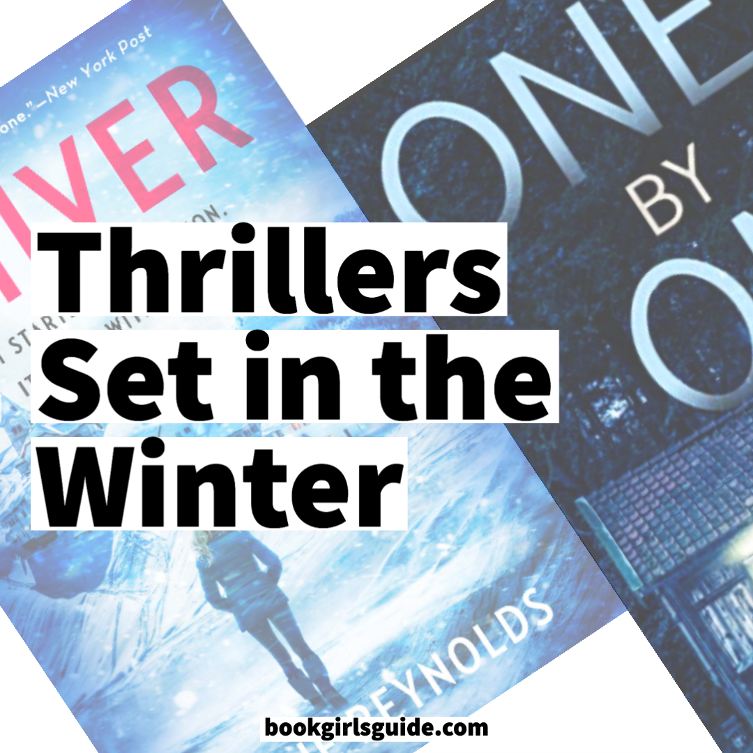 Two blue slanted book covers with text overlay reading "Thrillers Set in the Winter"