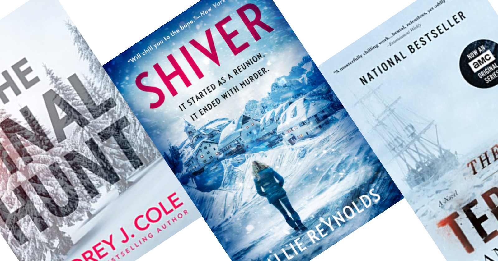 Three snowy blue slanted book covers
