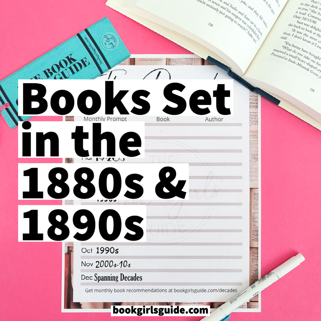 Pink background with white worksheet and text overlay reading "Books Set in the 1880s & 1890s"