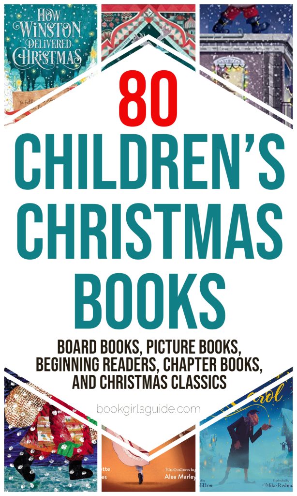 6 kid's Christmas book covers with a large white diamond overlay and text that reads 80 Children's Christmas Books