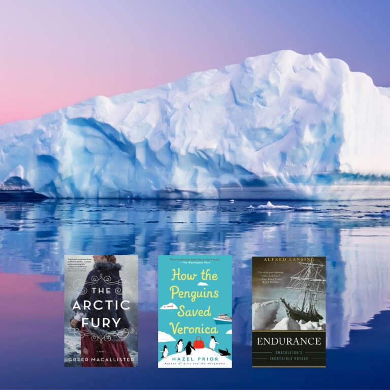 iceberg photo with three book covers on top