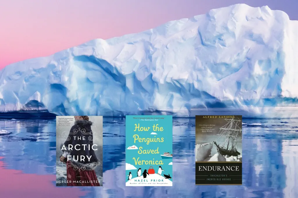 iceberg photo with three book covers on top