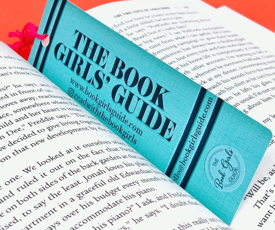 Teal Bookmark that looks like a book spine in an open book